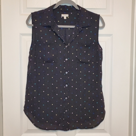 Talbots Black Button Down Sleeveless Blouse w/ tiny polka dots Sz LP - Picture 1 of 7